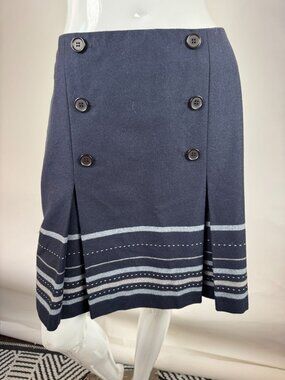 Ann Taylor Loft Navy Wool Blend Pleated Skirt W/ Button Detail & Embroidered Str